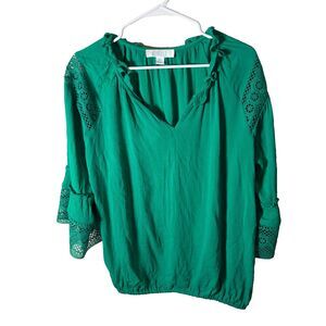 Bunulu Blouse Women's Medium Green Half Sleeve Crochet Lace Boho Top Shirt